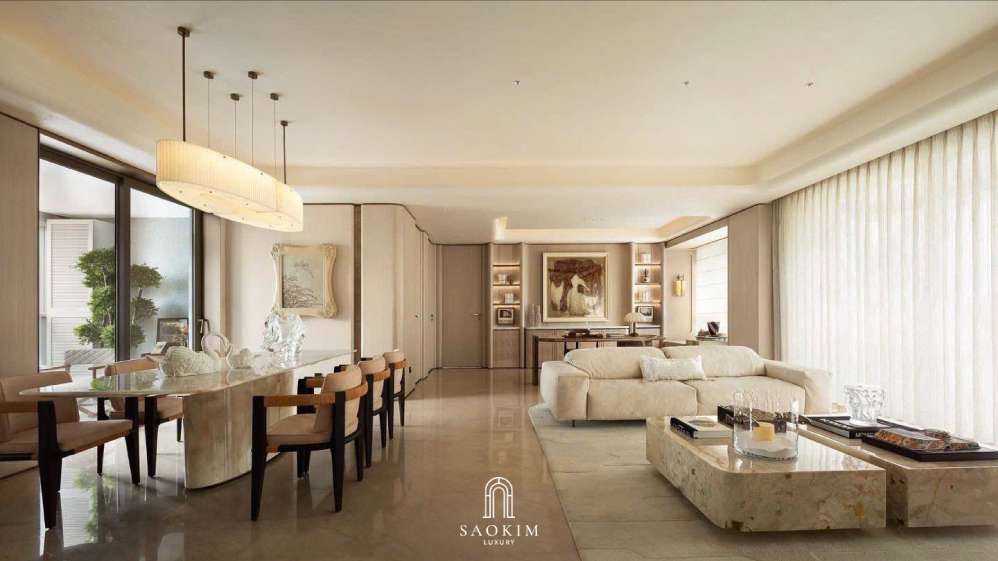 Thiết kế nội thất phòng khách, bếp ăn phong cách Contemporary Quit Luxury